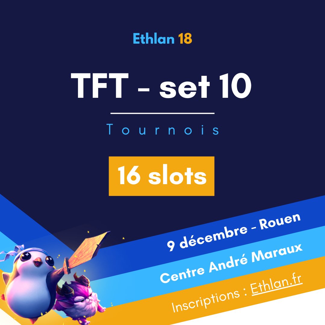 ⚔️ Après avoir voyagé aux 4 coins de Runeterra pendant le Set 9 de TFT, le tournois TFT d'Ethlan 18 se déroulera sur le Set 10 ! 

Composez et Mixez vos compos comme des Djs, et utilisez vos "good vibes" pour vous hisser TOP 1 des ventes, ou du moins TOP 1 du tournois !