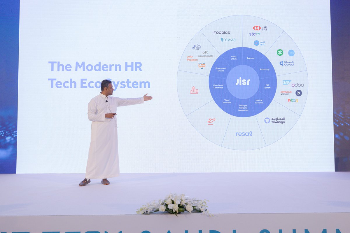 JisrHR's tweet photo. المهندس محمد عكار الجوهي، خلال حديثه عن الطريقة التي تغيرت بها الموارد البشرية في ظل التطور التكنولوجي، وعن المنظومة التقنية الحديثة للموارد البشرية من #جسر، في القمة السعودية السابعة للموارد البشرية✨
#HRTechSaudi #HRTechSaudiSummit https://t.co/5dLlNalH5q