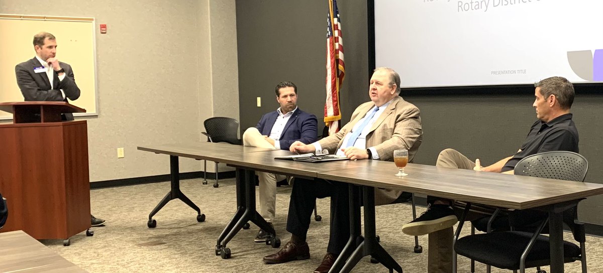 StevePowell_1's tweet photo. ECON FORECAST at today’s Greenwood Rotary with Gary Sherman, President, Falcon Diversified; Marty Bales, Commercial Relationship Banking Manager, First Financial Bank; and 
Greg Allen, Financial Advisor, Lpl Financial. Joe Paulson, CPA, Partner, Compass Pointe CPAs moderated. https://t.co/YDuNcg817b