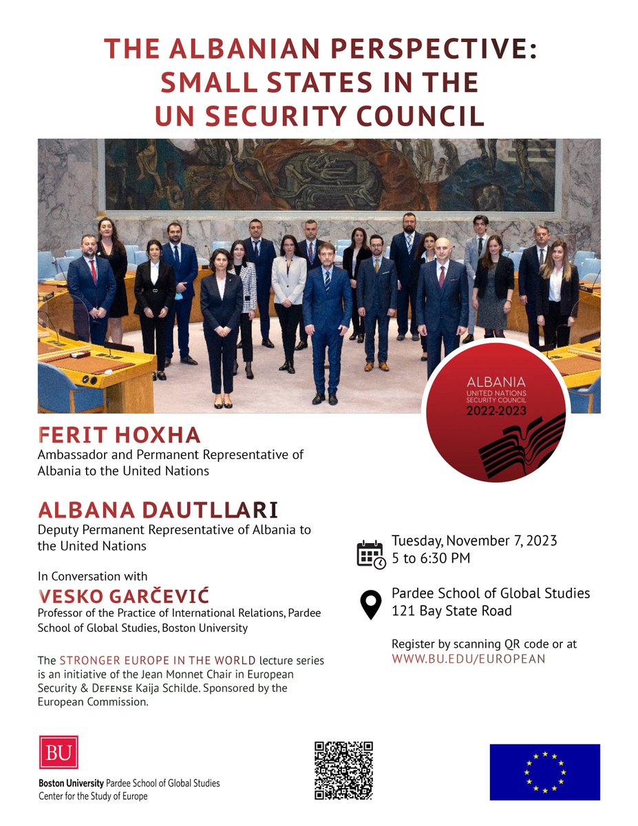 Join us tomorrow 11/7 at 5 PM for “The Albanian Perspective: Small States in the UN Security Council” – A Panel Discussion with Mr. Ferit HOXHA, Ambassador of Albania to the UN and Ms. Albana DAUTLLARI, Minister Plenipotentiary, moderated by @VeskoGarcevic.