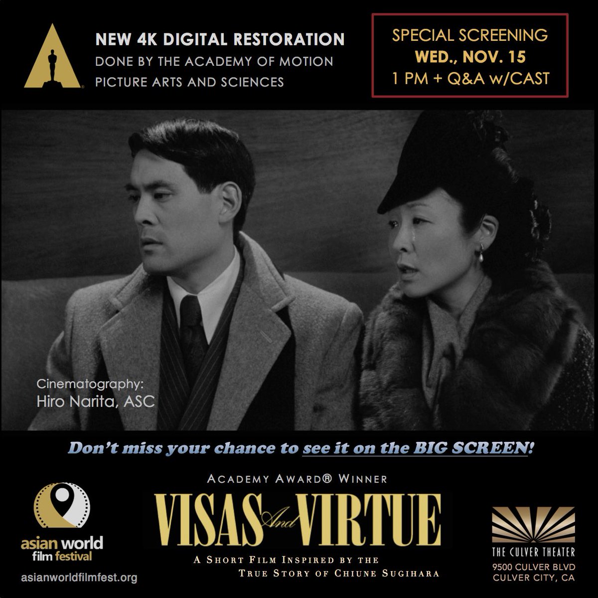 CedarGroveProds's tweet photo. For @asianworldff we are proud to screen #VisasAndVirtue with a new 4K digital restoration, courtesy of @TheAcademy, completed by @RoundaboutEnt. Your chance to see it in a theater is Nov.15—Tix only $5! Limited seating! 🔗https://t.co/AzgEZXO80m #AWFF2023 #ビザと美徳 ＃杉原千畝 https://t.co/YnZd0tHJFc