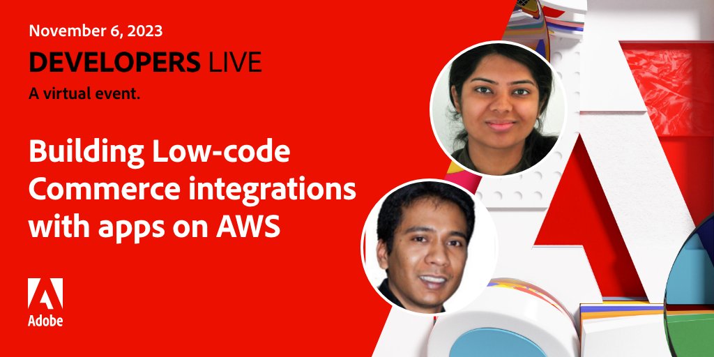 🛍️ Join us in 1 hour at #AdobeDevelopers Live for "Building Low-Code Event-Driven Adobe Commerce Integrations with AWS." 

Kanika Gera &amp; Surya Lamech will cover #AdobeCommerce's extensibility with Amazon EventBridge and demonstrate real-world integrations: developerevents.adobe.com/events/details…