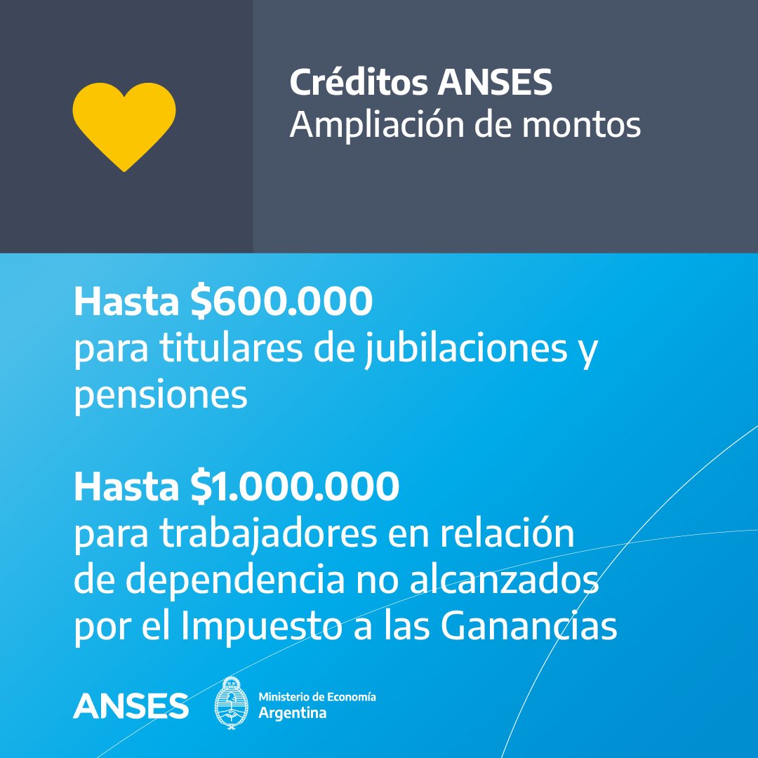 ansesgob's tweet photo. 👉 Actualizamos los Créditos ANSES con nuevos montos

⬆ Los créditos para trabajadores en relación de dependencia pasaron a ser de hasta $1.000.000, y los de jubilados y pensionados de $600.000. https://t.co/7EDLQlKRkG