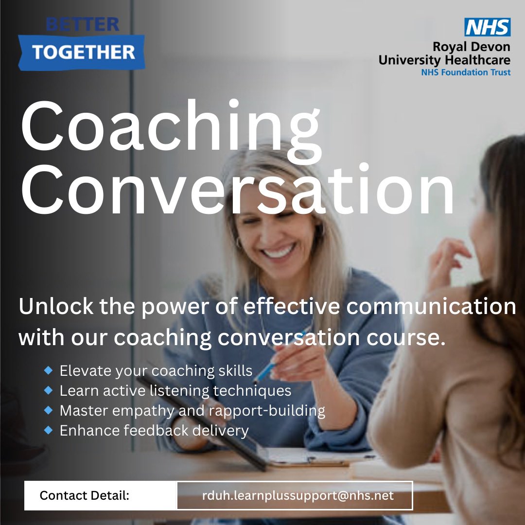 htnsl's tweet image. To all staff at @RoyalDevonNHS Book on Learn+ to attend Coaching Conversation Course on 9th Nov 0900 - 1200 via MS Teams  &amp;amp; transform your professional discussion! 

#CoachingCourse #CommunicationSkills