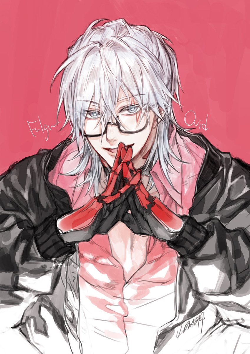 1boy male focus glasses solo gloves white hair looking at viewer  illustration images