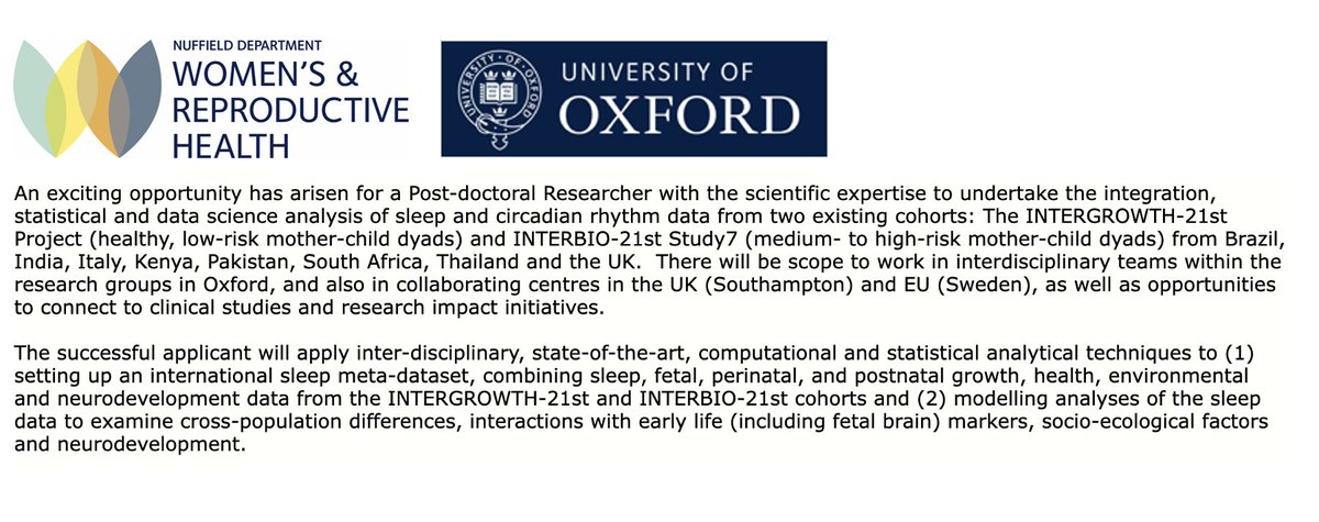 🚨Funded postdoc opportunity in infant sleep/chronobiology with the @Ox_wrh and the INTERGROWTH-21st team. Application 🔗: tinyurl.com/sleeppostdoc Closing date 27th November 2023.