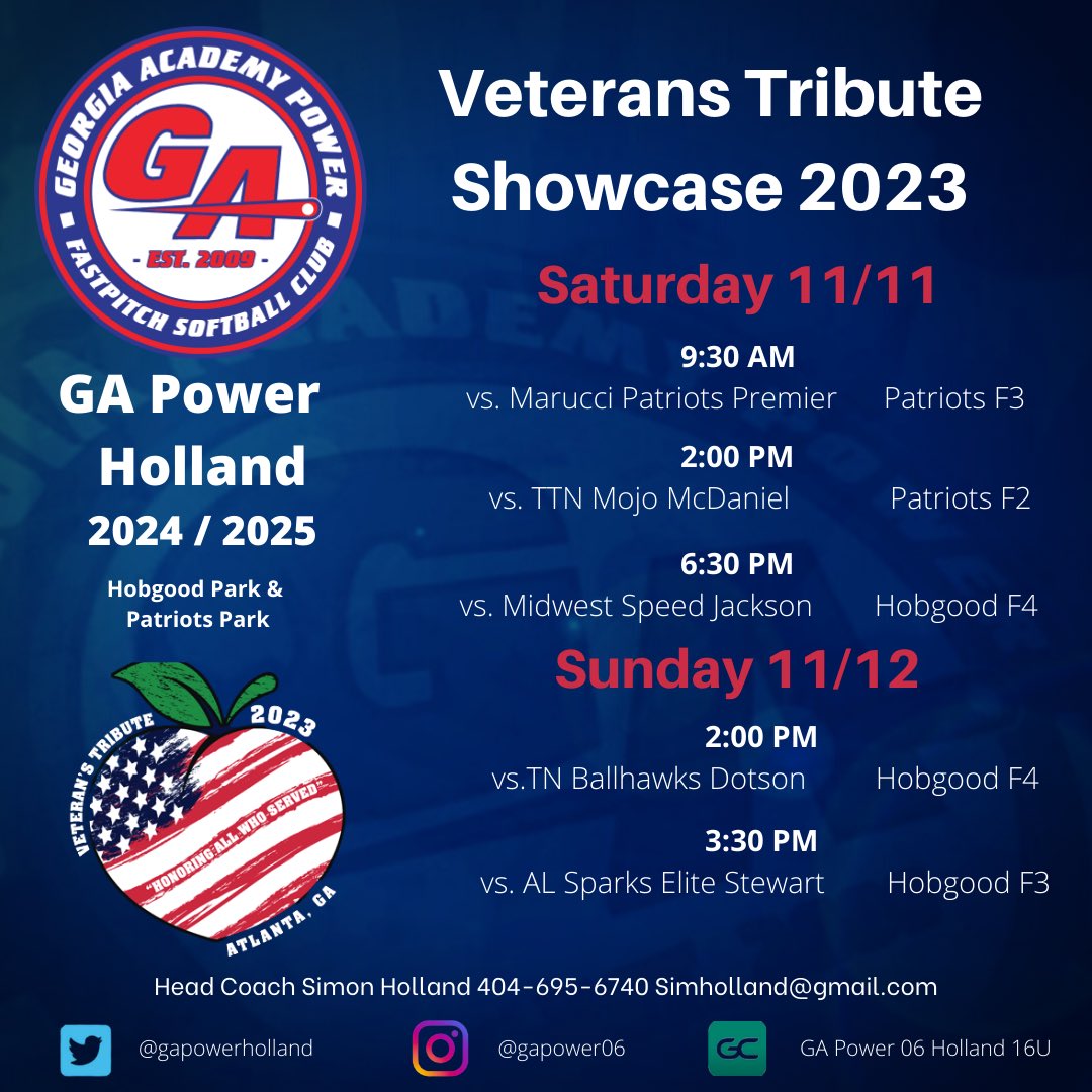 gapowerholland's tweet photo. Excited to play close to home this weekend and honor our veterans! Coaches, here is our schedule https://t.co/HnoUZcD2nU