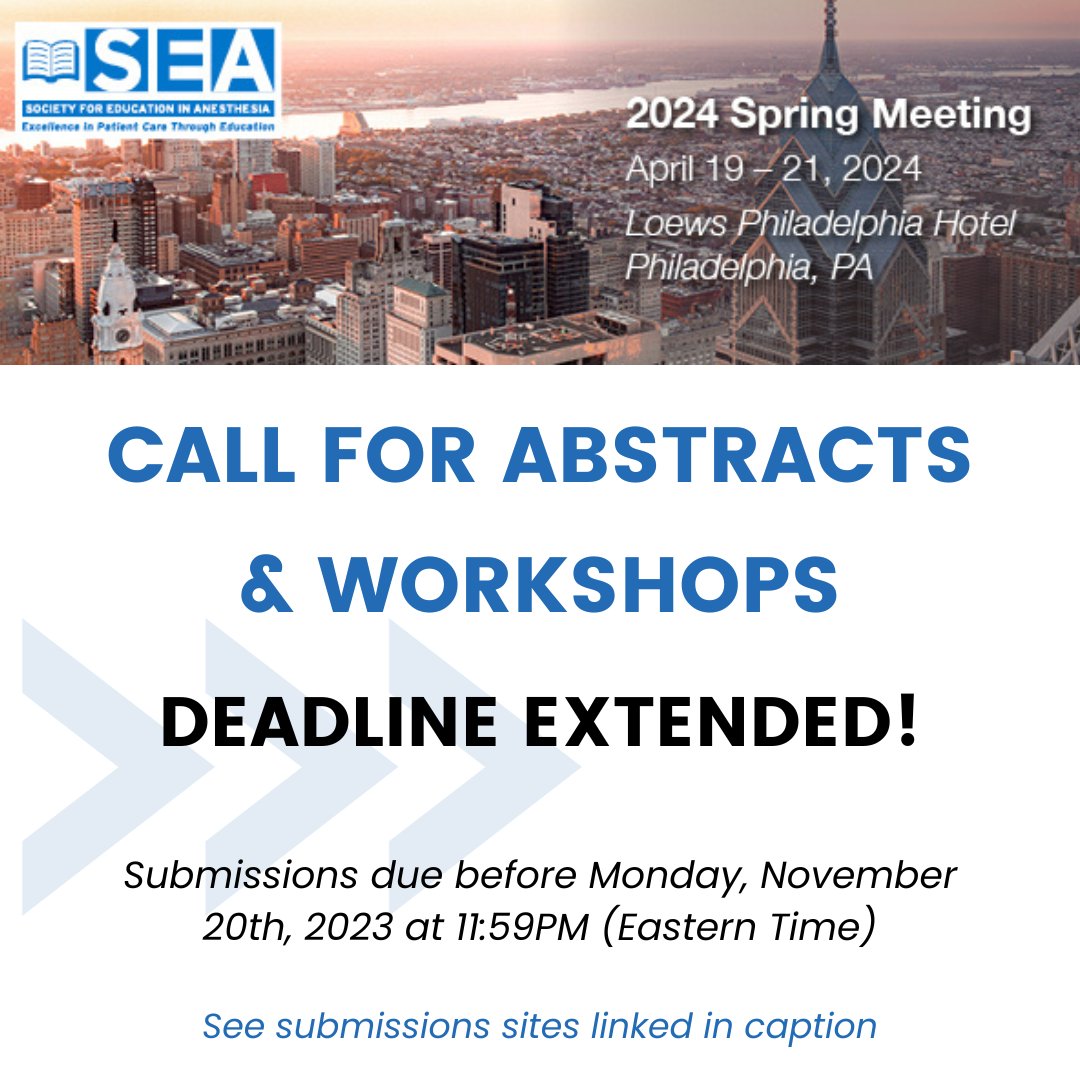 Calling all SEA members! The 2024 Spring Meeting is approaching, and we want your abstracts and workshops. The deadline has been extended until November 20. Click here to visit the Submission Site: tinyurl.com/jwv59h7j #Anesthesiology