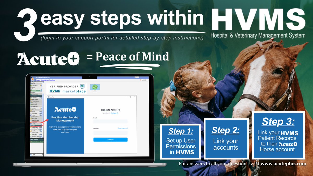HVMS has teamed up with AcutePlus to bring you an exclusive, seamless equine care experience!

Here are three simple steps to get started!
Learn more via: bit.ly/3FN4jcg

#EquineCare #HVMS #AcutePlus #HVMSIntegration #EquineSoftware