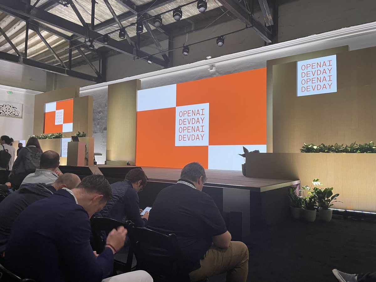 skrenta's tweet image. Feels like a Steve Jobs launch event. So much energy in here. #openai #devday