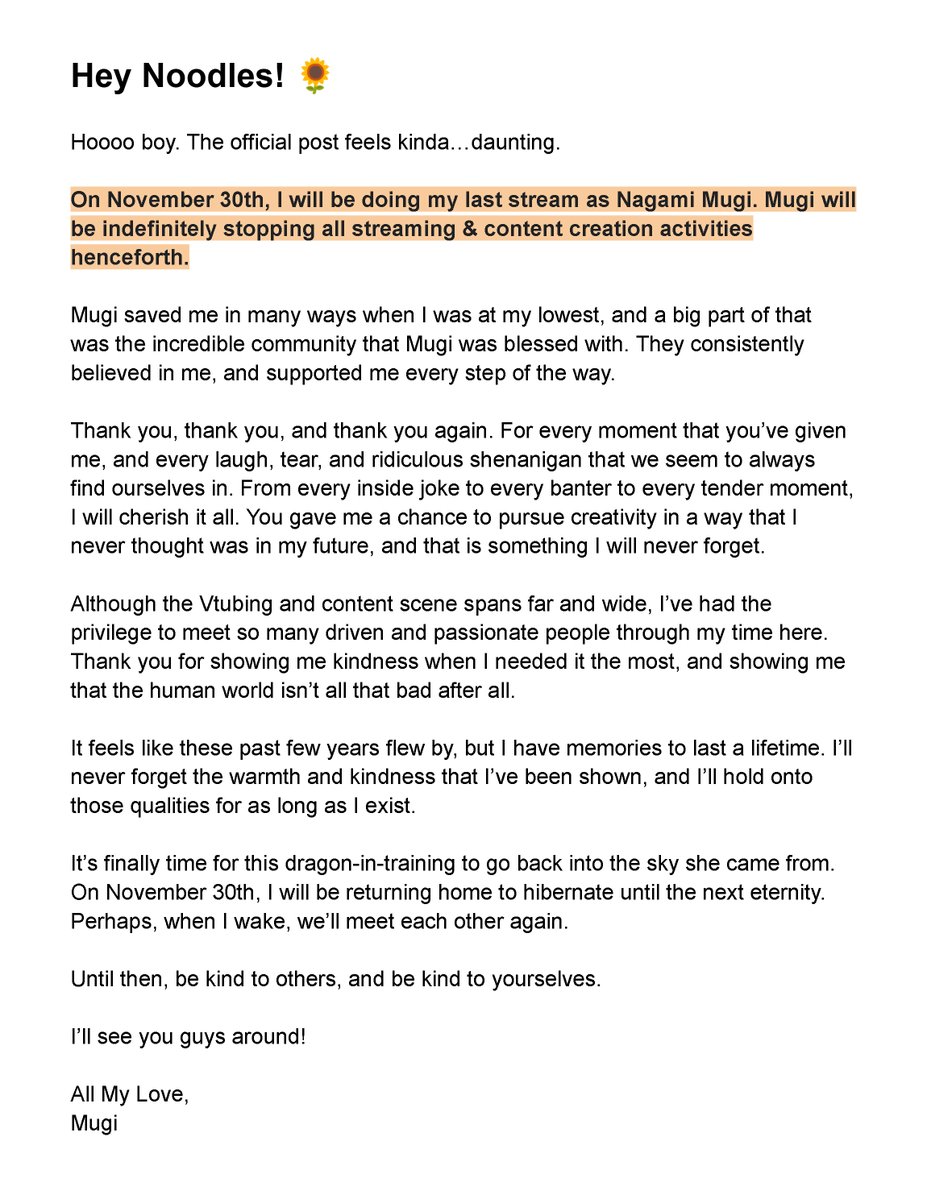 NagamiMugi's tweet photo. 【ANNOUNCEMENT】

Thank you for supporting me throughout all this time!

It's time for this dragon-in-training to return to the sky, so let's laugh a lifetime's worth in our last month together! 🌻 https://t.co/oU8iKPd934