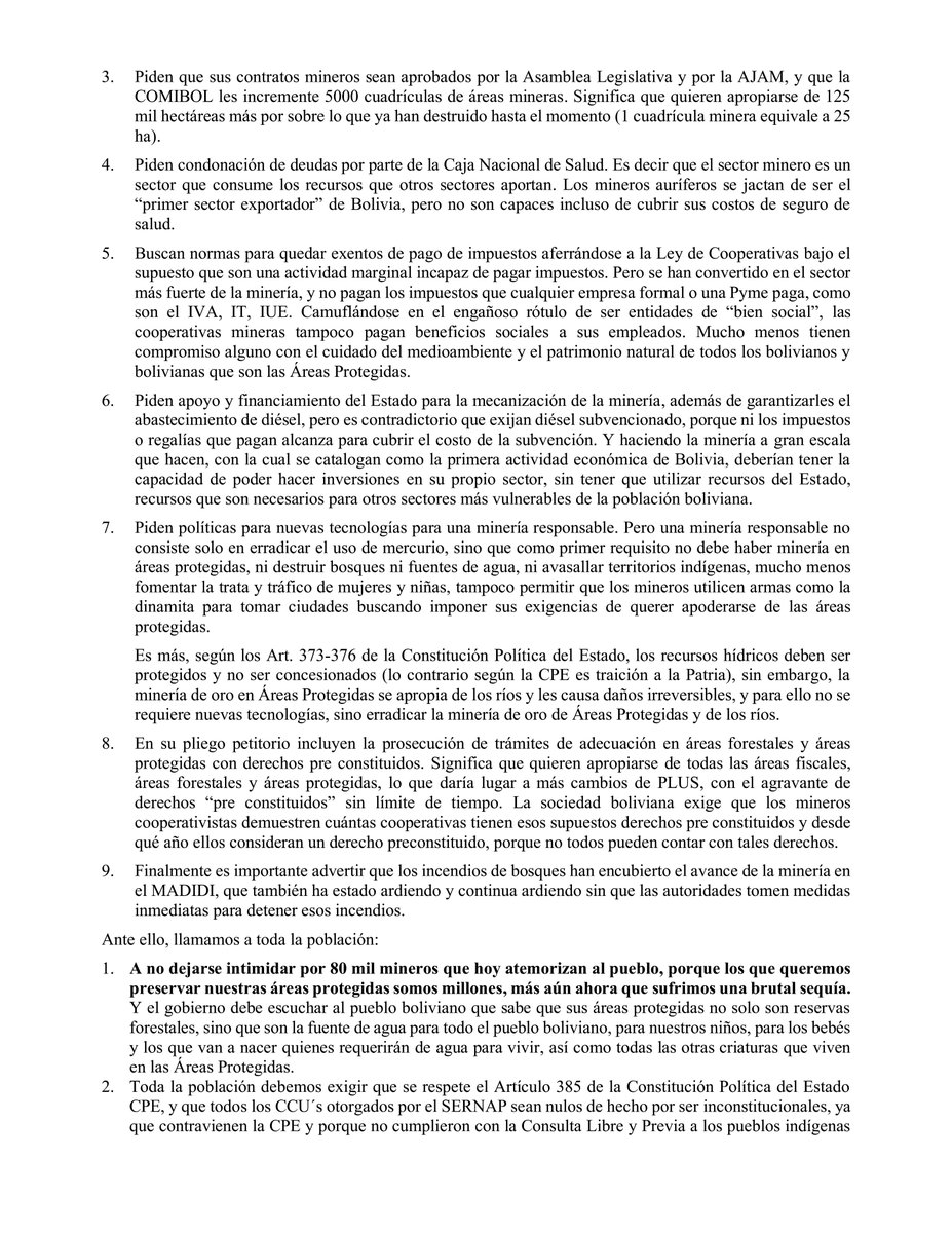contiocap's tweet photo. Ante las movilizaciones de los privilegiados mineros de la FECOMAN demandando atención del gobierno a su pliego de 10 puntos, con anuncio de bloqueo de calles y carreteras,  desde la CONTIOCAP emitimos este pronunciamiento
#Bolivia #SOSddhh 
@SREnvironment @CIDH @LacP10info https://t.co/FUU7hqTngh