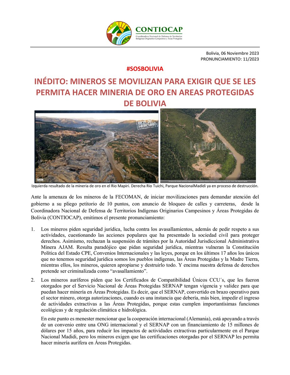 contiocap's tweet photo. Ante las movilizaciones de los privilegiados mineros de la FECOMAN demandando atención del gobierno a su pliego de 10 puntos, con anuncio de bloqueo de calles y carreteras,  desde la CONTIOCAP emitimos este pronunciamiento
#Bolivia #SOSddhh 
@SREnvironment @CIDH @LacP10info https://t.co/FUU7hqTngh