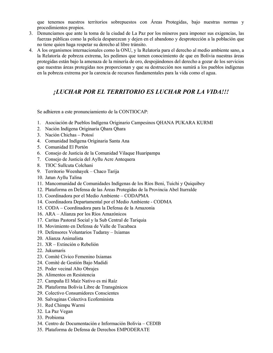 contiocap's tweet photo. Ante las movilizaciones de los privilegiados mineros de la FECOMAN demandando atención del gobierno a su pliego de 10 puntos, con anuncio de bloqueo de calles y carreteras,  desde la CONTIOCAP emitimos este pronunciamiento
#Bolivia #SOSddhh 
@SREnvironment @CIDH @LacP10info https://t.co/FUU7hqTngh
