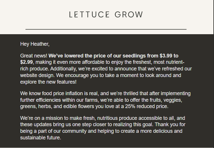 Major kudos to <a href="/lettuce_grow/">Lettuce Grow</a>. In a world where it's the norm to raise prices continually with inflation, you not only increased efficiency in your operations but made a choice to pass that savings along to the customer. Well done! Friends - these units are a joy.