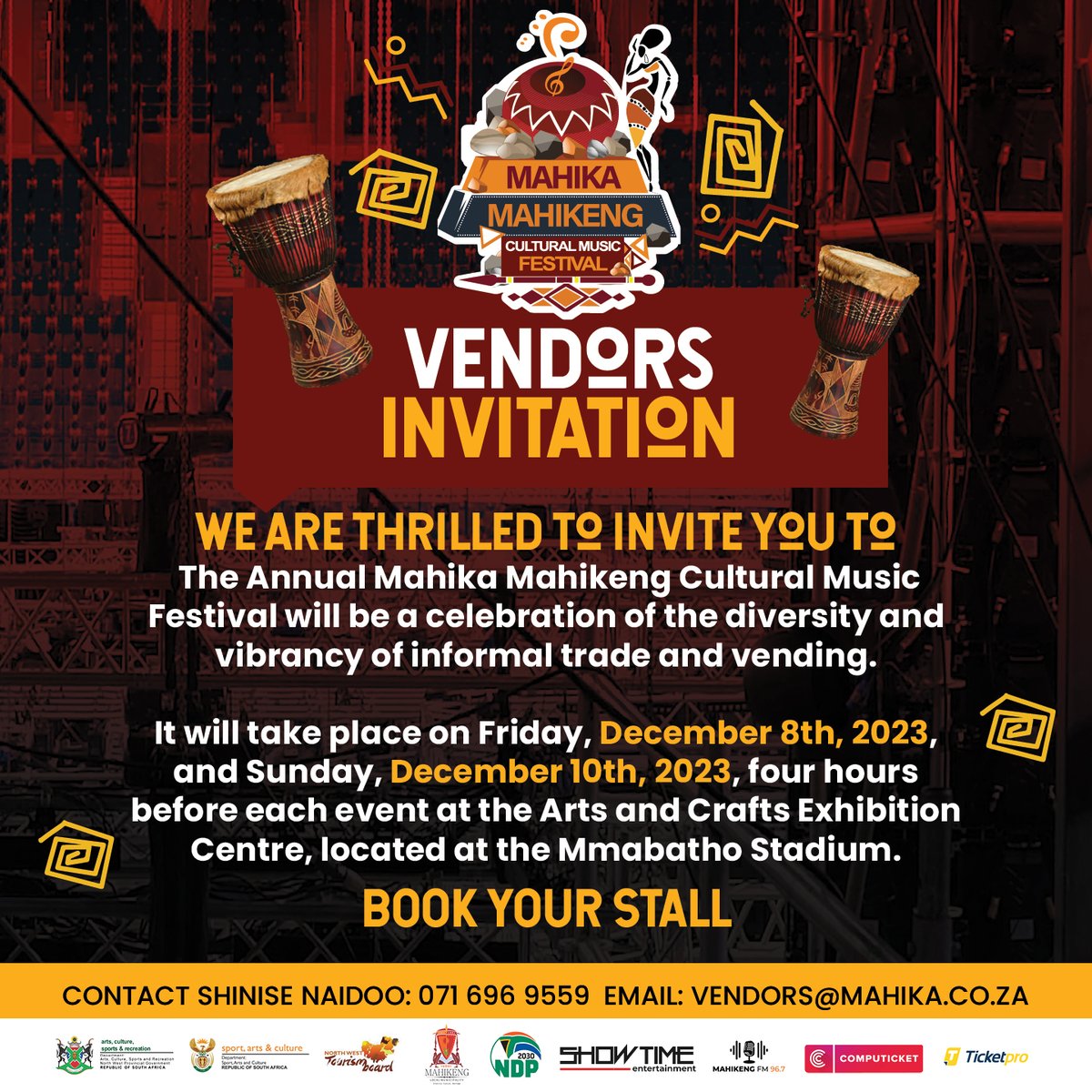 mahika_mahikeng's tweet photo. 📌Kitso ka go booka diStalls tsa Mahika Mahikeng.  Make sure you book your stall by calling  071 696 9559 or by sending an email to vendors@mahika.co.za.  
#AreyengBokoneBophirima #RoadToMahikeng #MahikaMahikeng2023 https://t.co/EspCG2M1Tu