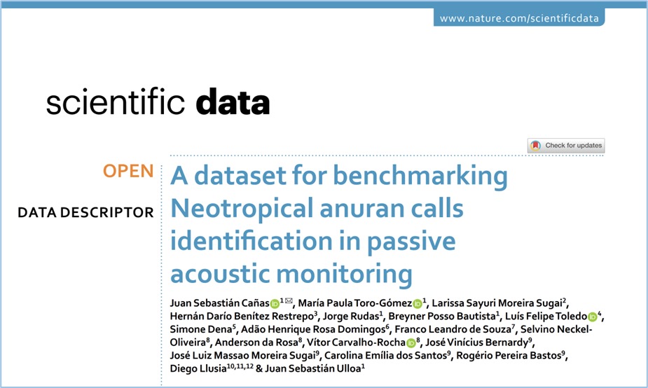 Juan Sebastián Cañas (@jscanass) on Twitter photo 🐸 Exciting news! The AnuraSet is out published with <a href="/SpringerNature/">Springer Nature</a> in <a href="/ScientificData/">Scientific Data</a>! rdcu.be/dqpkC We've just released a new dataset for benchmarking Neotropical anuran calls identification in passive acoustic monitoring. 🎉#PAM #AIforConservation 🐸 Exciting news! The AnuraSet is out published with <a href="/SpringerNature/">Springer Nature</a> in <a href="/ScientificData/">Scientific Data</a>! rdcu.be/dqpkC We've just released a new dataset for benchmarking Neotropical anuran calls identification in passive acoustic monitoring. 🎉#PAM #AIforConservation
