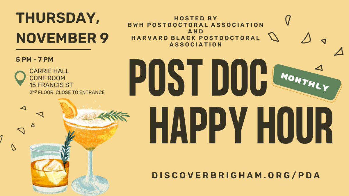 Join us for drinks, pizza, and good company! We are excited to have a live DJ. All BWH postdocs welcome. This month we are co-sponsored by the Harvard Black Postdoc Association! Come learn more about their upcoming symposium.