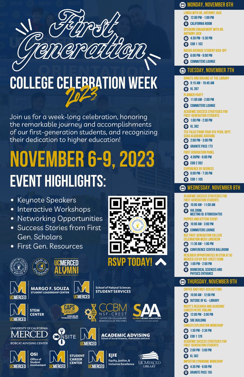 ucmerced's tweet photo. Today kicks off #FirstGen week at UC Merced! Join us this week to honor our incredible First-Gen students. 

Take advantage of the week-long celebrations! RSVP here 🔗 https://t.co/tAxhCbziBZ https://t.co/myEzJ39Ufj