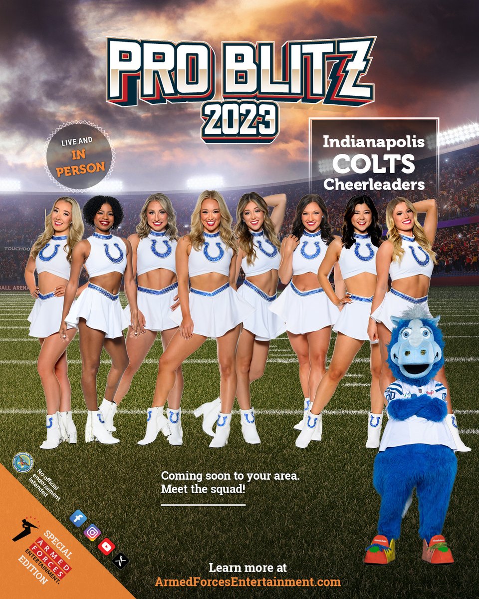 Touchdowns, cheers, and lots of smiles! Meet the dynamic Indianapolis Colts Cheerleaders in person at AFE’s Pro Blitz event. Let’s make some unforgettable memories together! Visit our website to get more details: armedforcesentertainment.com/upcoming-tours…