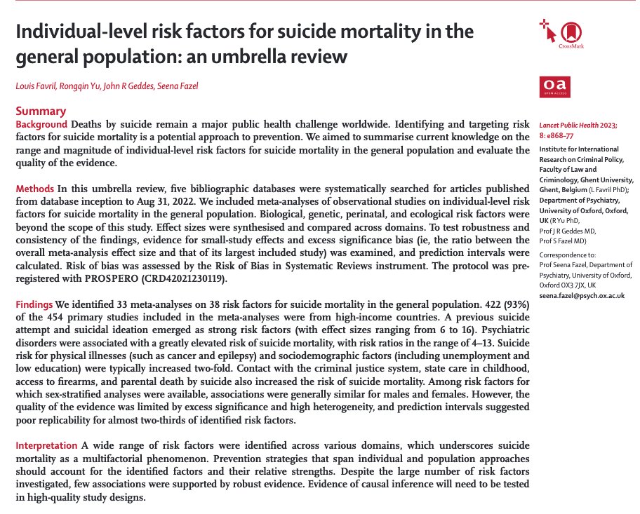 New paper on suicide research! Synthesized data on risk factors with an umbrella review of meta-analyses (i.e. systematic review of previous meta-analytic research). Focus on individual-level factors (sociodem, clinical, historical). #SuicidePrevention   thelancet.com/journals/lanpu…