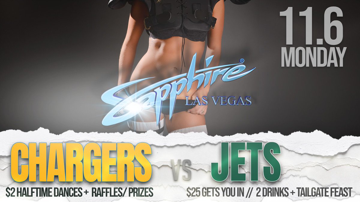 ToplessVegas's tweet photo. 🏈 MONDAY NIGHT TOUCHDOWN! 🌟 Join us at Sapphire's for the ultimate #mondaynightfootball experience as the Chargers tackle the Jets! Halftime heats up with $2  dances 💃🔥, plus we've got raffles and prizes you won't want to miss!  🎉 Your $25 ticket scores you entry, two drinks https://t.co/r7caS2qVWR