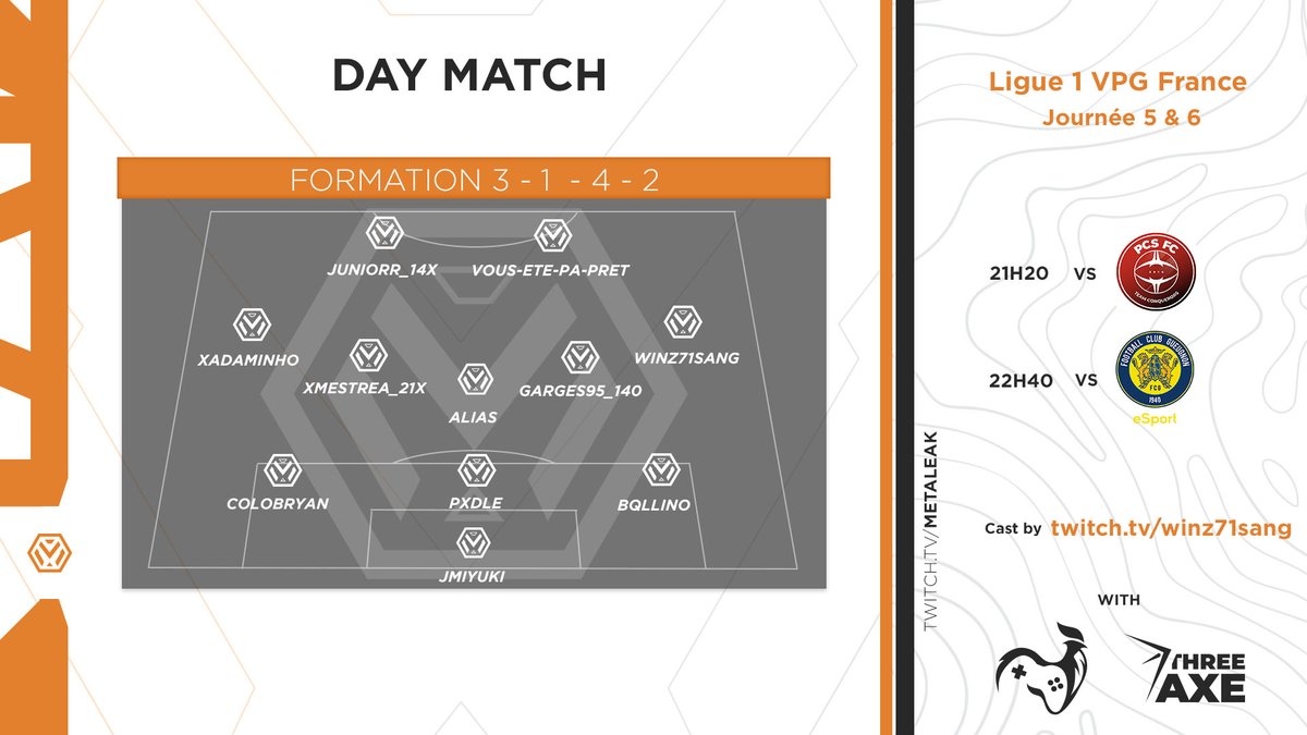 ℙ𝕣𝕠𝕘𝕣𝕒𝕞𝕞𝕖 𝕕𝕖 𝕝𝕒 𝕤𝕠𝕚𝕣é𝕖    

🏆 <a href="/VPGFrance_/">VPG France</a> #Ligue1 #EAFC24 

🗓J5
🆚<a href="/pcsfc_/">PCS Conquerors PS5</a> 
🕙21H20

🗓J6
🆚<a href="/Gueugnon_eSport/">FC Gueugnon eSport</a> 
🕙22H40

📺twitch.tv/winz71sang⤵