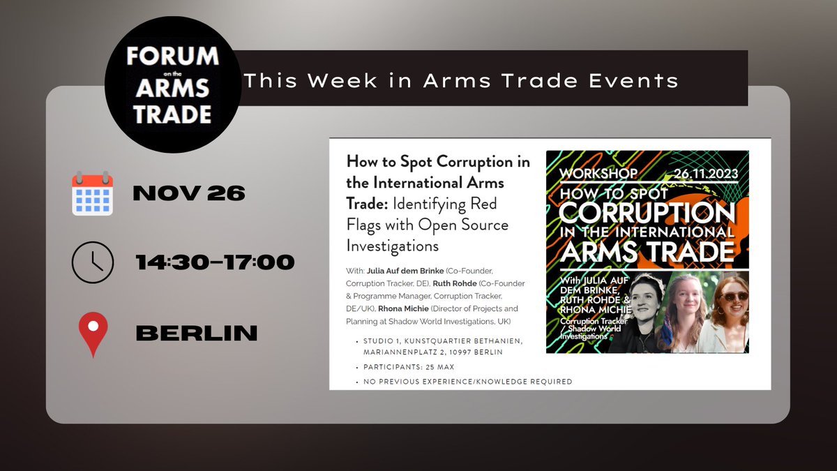 📢ICYMI: 'How to Spot Corruption in the International Arms Trade: Identifying Red Flags with Open Source Investigations' event with <a href="/Ruth4Peace/">Ruth R</a> <a href="/DemBrinke/">Julia Auf dem Brinke</a> <a href="/rhona_wam/">Rhona</a> , hosted by Disruption Network Lab.

Learn more here: disruptionlab.org/organised-crim…
