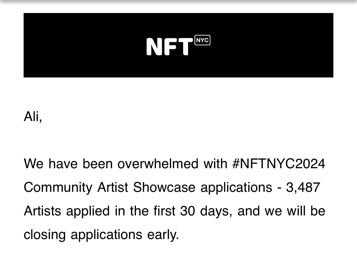 alilanbert's tweet photo. I got this message yesterday with an Email!
What could be happier than this?
My artwork will be shown in the rooftop artists village at @NFT_NYC 
Thank you all❤️😍🙏🏻
#NFTNYC2024 https://t.co/yd78jZIptB