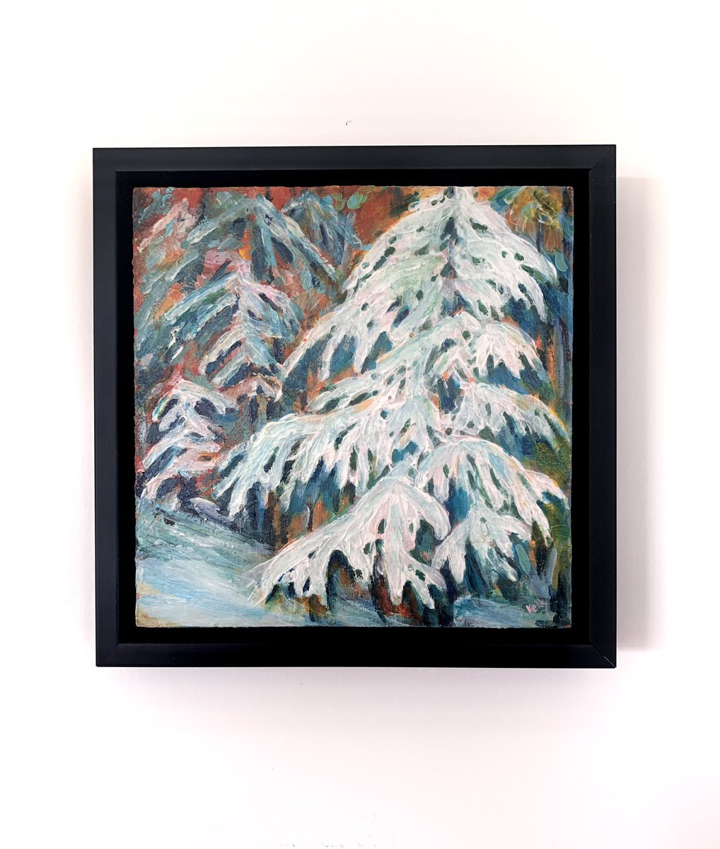 acrylic painting 7x7 framed to approximately 8.5x8.5” “When I Went Walking- Winter Forest “ #acrylicpainting #visualart #WomensArt #novascotia #canadianart #nature #snow #winter