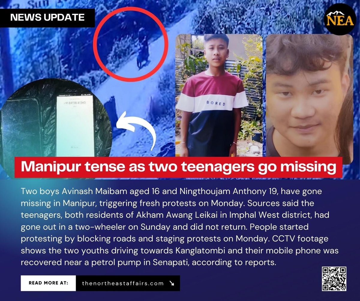 The_Angom's tweet photo. #BREAKING #Manipur #SaveManipur 
Two boys Avinash Maibam aged 16 and Ningthoujam Anthony 19, have gone missing in Manipur, triggering fresh protests on Monday. Sources said the teenagers, both residents of Akham Awang Leikai in Imphal West district, had gone out in a two-wheeler on Sunday and did not return. People started protesting by blocking roads and staging protests on Monday.

Students from across the state staged protests at various places, suspecting the teenagers had been kidnapped by unknown miscreants. The protestors demanded the safe release of the duo.

CCTV footage shows the two youths driving towards Kanglatombi and their mobile phone was recovered near a petrol pump in Senapati, according to reports.

Read More: https://t.co/V7LIqVZpX0

#Meitei #ManipurFightsback #KukiMilitants #NarcoTerrorists #KukiAtrocities