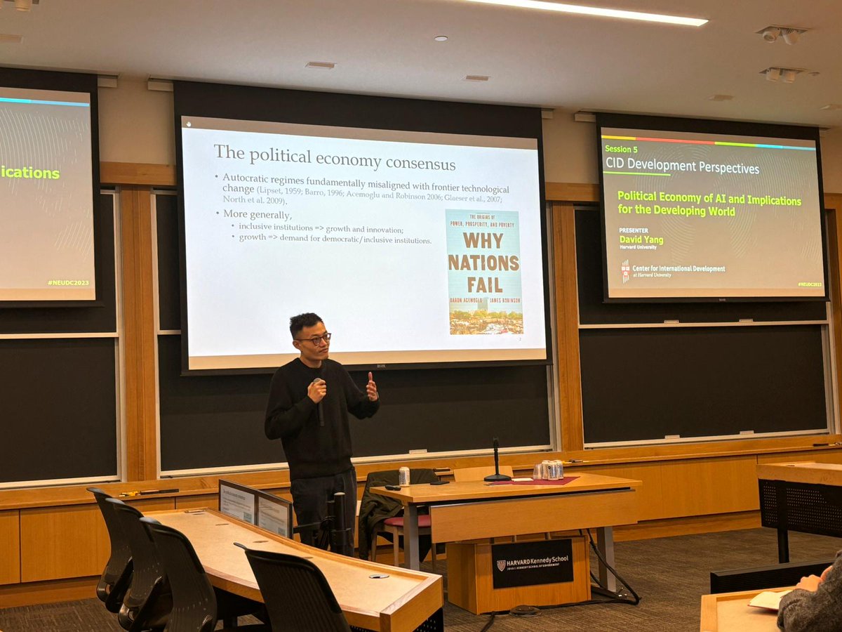 HarvardCID's tweet photo. In #NEUDC2023 #CIDDevelopmentPerspectives "Politcal Economy of AI and Implications for the Developing World," @david_yang presented on the relationship btw surveillance #AI and autocracy in China, and implications on the ability of non-democratic regimes to suppress unrest. https://t.co/bfg1Hb6b5l