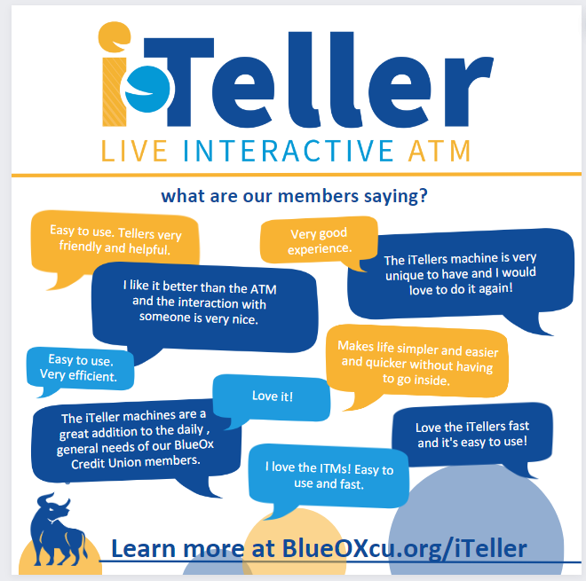BlueOxCU's tweet image. We love hearing how members are enjoying this innovative service. Learn more about our iTellers at: hubs.ly/Q027SwZH0. #digitalbanking #testimonials #iTeller 🐮💙