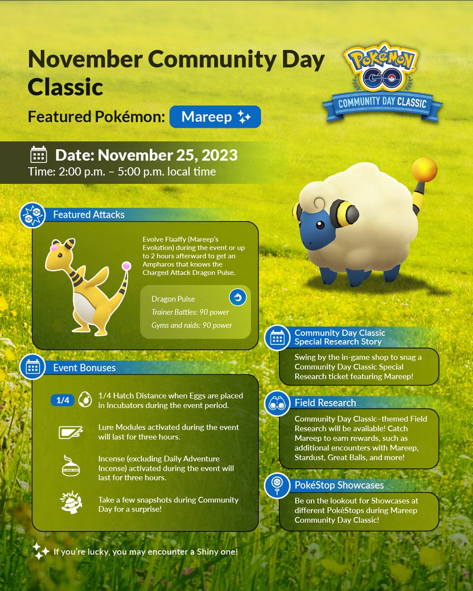 G47IX  Pokémon GO on X: November 2023 Community Day Classic: Mareep  #pokemongo  / X