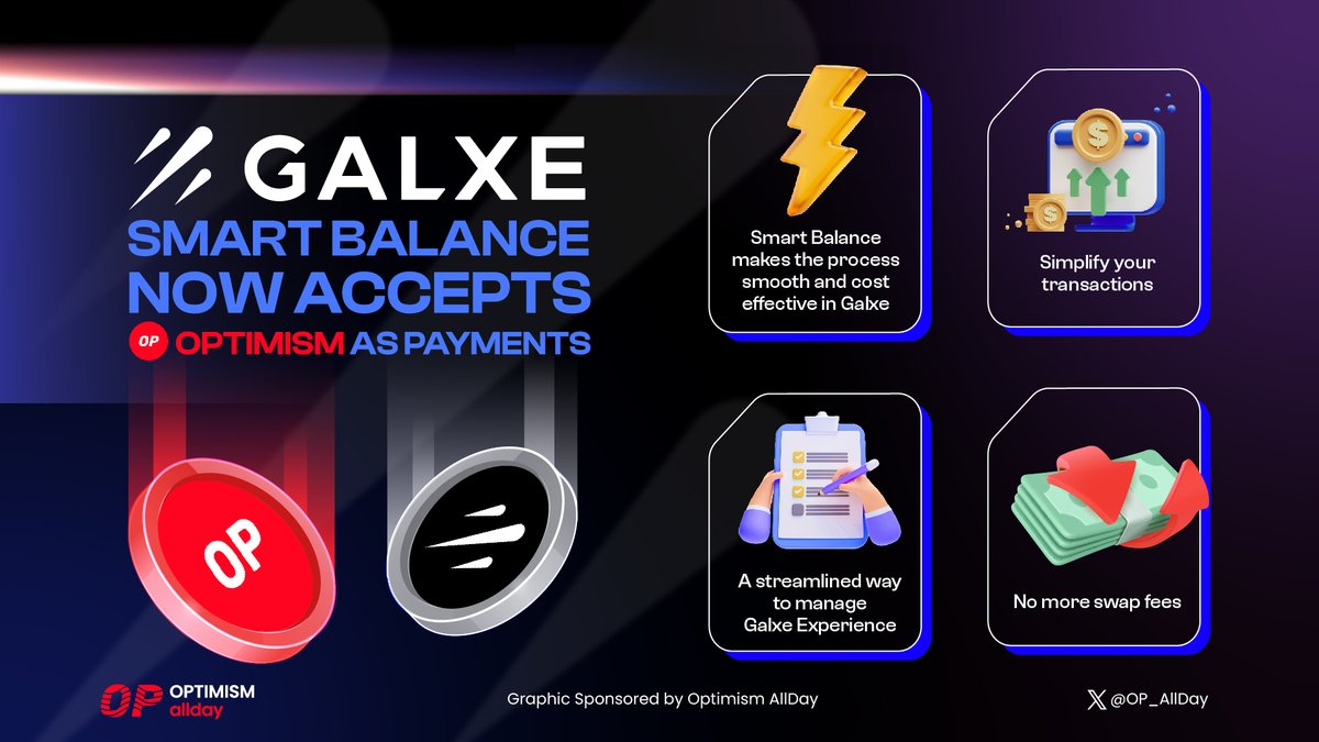 OP_allday's tweet photo. ✨ @Galxe Smart Balance Now Accepts @optimismFND As Payments
🚀 About Galxe #SmartBalance – your financial hub within the #Galxe ecosystem!
🌐 Simplify transactions, reduce fees, and manage assets smartly, all in one place.
#OP #OP_Allday https://t.co/hnFsDJ47Pq