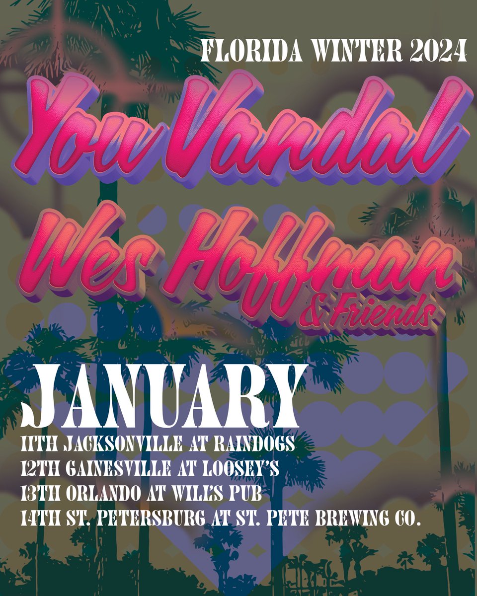Wes Hoffman (@wesleyhoffman) on Twitter photo 🌴FLORIDA🌴 We are heading your way in January to team up with <a href="/youvandal/">You Vandal</a>!! Very stoked for this run!!
If you’re in any of these cities, mark your calendars!! See you soon!! 🌴FLORIDA🌴 We are heading your way in January to team up with <a href="/youvandal/">You Vandal</a>!! Very stoked for this run!!
If you’re in any of these cities, mark your calendars!! See you soon!!