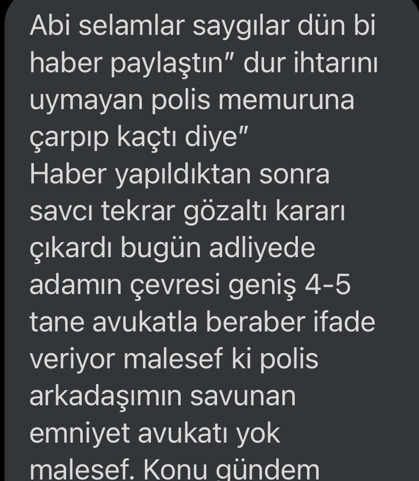 EmniyetSen1's tweet photo. Lütfen bu paylaşımın olabildiğince çok kişiye ulaşmasını sağlayınız… 

Sormak istiyorum: 
Sayın @adalet_bakanlik 05.11.2023 tarihinin ilk saatlerinde kaza yeri güvenlik önlemi alan ekibimizde görevli polis memuru Emrullah Günenç’e dur ihtarına rağmen durmadan çarpıp kaçan ve olaydan 8 saat sonra teslim olan/yakalanan murat k. isimli şahıs neden ve niçin serbest bırakılmıştır? 

Konuyu detaylandıracak olursak; Olay saat: 03.30 sıralarında gerçekleşiyor polise çarpıp yaralayan şahıs KAÇIYOR.! 
Yaklaşık 8 saat sonra teslim olan/yakalanan şahsın ehliyeti daha önce başka bir konudan dolayı alınmış yani EHLİYETSİZ OLDUĞU ALAŞILIYOR.! 

İfadesine baktığımızda polisi son anda gördüğünü söylüyor. Ancak kaza yerine gitmiş yol kısmen kapalı bir yolda, yol düzenlemesi yapan polisi görememesi şoförlük ile bağdaşacak şey DEĞİLDİR.! 

Sayın @yilmaztunc görevi başında bir polisin dur ihtarına uymadan çarparak kaçan ve en önemlisi EHLİYETİ DAHA ÖNCEDEN TRAFİK GÜVENLİĞİNİ TEHLİKEYE DÜŞÜRMEKTEN ALINMIŞ ve hali hazırda EHLİYETSİZ bir kişinin tutuklanmama sebebini merak ediyoruz? 
Bu kişi nüfuz sahibi bir kişi midir? Nüfuzunu kullanmış mıdır? 
Önüne gelen polise çarpıp serbest mi kacaktır? 

Sayın @AliYerlikaya bu kişiyi adliyede 4-5 avukat temsil ederken emniyet neden bir avukat dahi göndermedi? Hani herkese avukat verilecekti? 

Son olarak; Polis bu kadar kolay dokunulur olmaktan ne zaman kurtulacak?