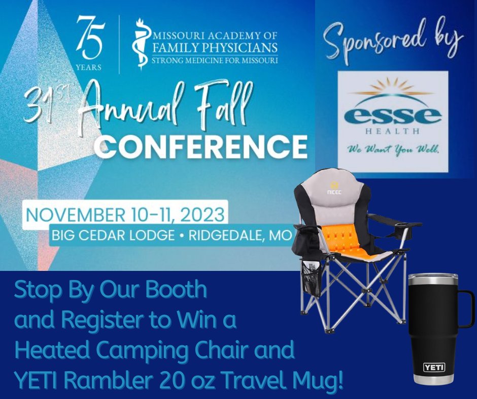 HealthEsse's tweet image. If you&apos;re attending the MAFP Annual Fall Conference at Big Cedar Lodge this week, stop by our booth and register to win a heated camping chair and a YETI Rambler 20 oz travel mug! #EsseHealth #MAFP #FamilyMedicine #MOFamilyDocs #MedicalEducation