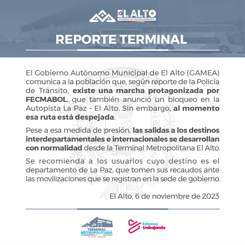 Terminal_Metro's tweet photo. #Reporte
Las salidas desde la Terminal Metropolitana El Alto se desarrollan con normalidad. 

#EstamosTrabajando
#RenuevaElAlto
#Bloqueo #Salidas #Mineros https://t.co/yFqFLVPhF8