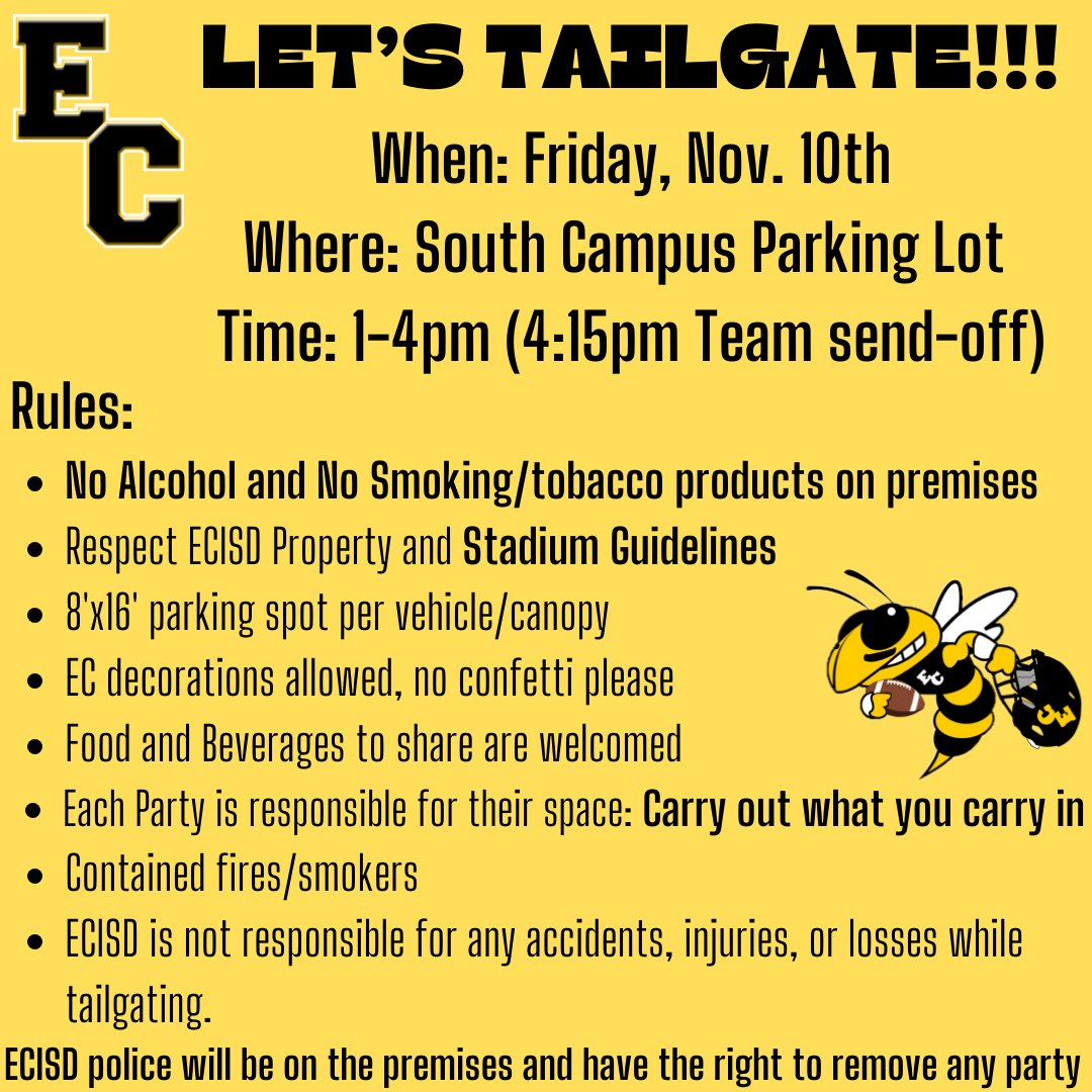 ECISDtweets's tweet photo. 🏈 Join us for a Tailgate Party to cheer on our East Central High School football team as they head to the playoffs! 📅 Mark your calendar for Friday, November 10, 1-4 p.m. 🍔🌭 Don't forget to check out the attached flyer for event rules. Let's show our support and go Hornets! https://t.co/k3K9Amg6d5