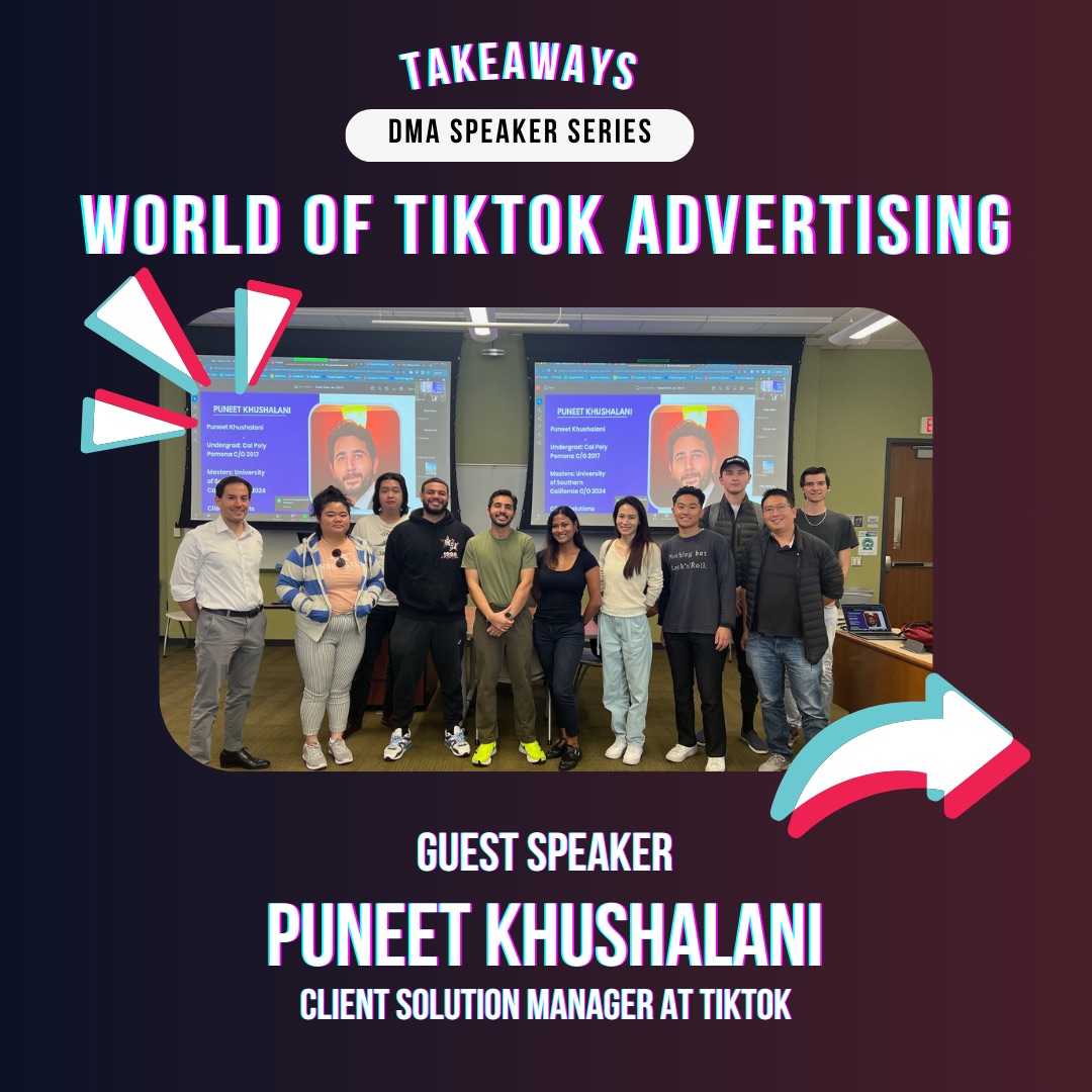 CPP_DMA's tweet image. Last week, we had the honor of hosting Puneet Khushalani, who shared insights on the dynamic world of TikTok advertising.
A big thank you to Puneet for sharing his knowledge and wisdom. 💡🙏
#CPP #DMA #SpeakerSeries #TikTok #Marketing