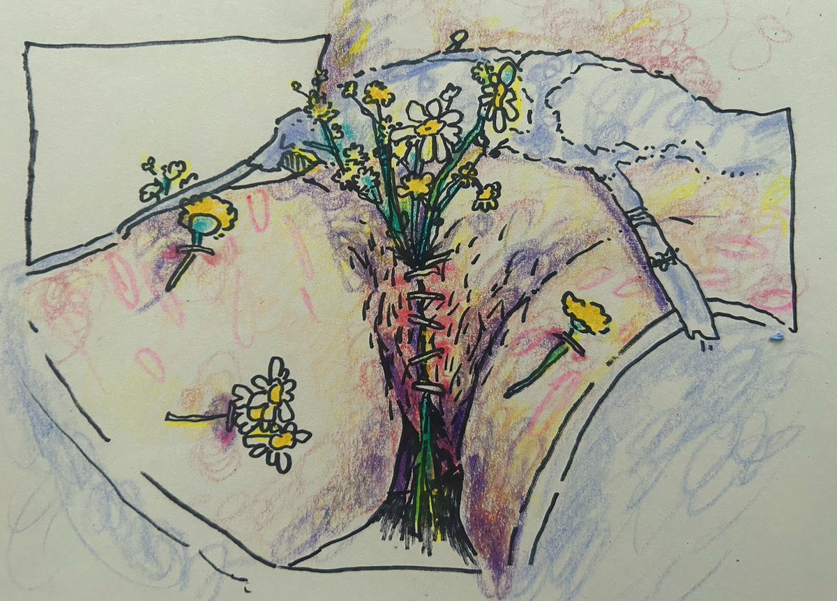 boyelmers's tweet image. Early morning crayon drawing of the time @_MollyAce_ turned me into a pretty flesh vase in her backyard