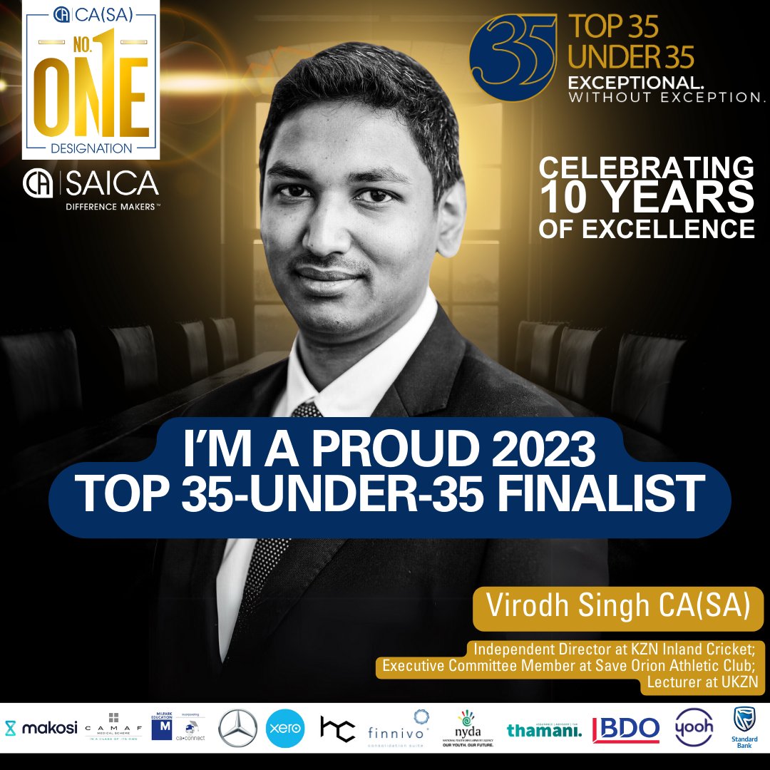 saica_za's tweet photo. Virodh Singh CA(SA)'s multifaceted roles in non-profit organizations showcase his commitment to creating a positive impact. From his leadership on the KZN Inland Cricket Union Board to his involvement in athletics, he's contributing to the betterment of the community. #top35u35 #number1 #proudCASA #differencemakers #SBLove💙 #Makosi #Xero
Read Virodh’s profile here: https://t.co/bCWIxHvQk9
Sponsors:
@makosiaudit
@StandardBankZA
@Xero
@CamafSA
@MilparkEd
@heavychef
#Finnivo
@NYDARSA
@ThamaniConsult
@BDO_SA
@yooh_media