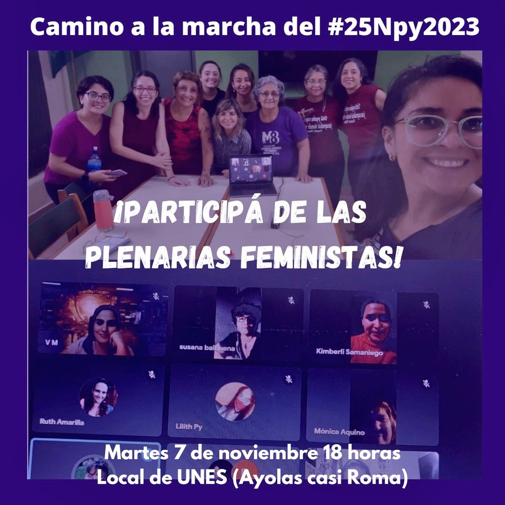paromujerespy's tweet photo. Nos estamos organizando para el #25NPy2023
¡Participa de las plenarias feministas!
Mañana 18 horas nos encontramos en el local de UNES 💜 https://t.co/rZcJoHebMe