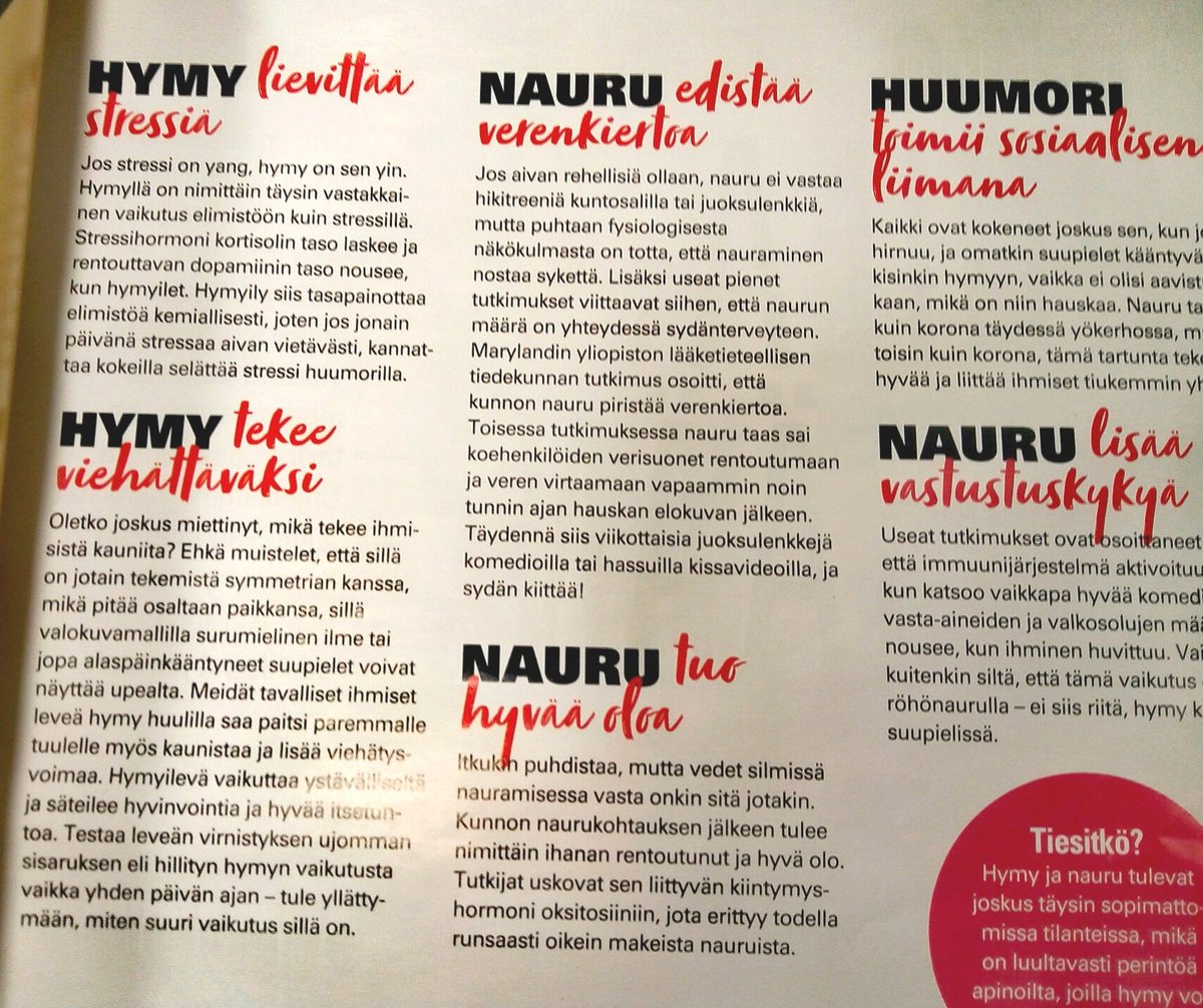 AnnukkaMeronen's tweet image. Kuusi hyvää syytä hymyillä joka päivä!
1. Lievittää stressiä
2. Tekee ihmisestä ystävällisen oloisen ja helpommin lähestyttävän
3. Edistää verenkiertoa
4. Tuo hyvän ja rentoutuneen olon
5. Huumori toimii sosiaalisena liimana
6. Lisää vastustuskykyä