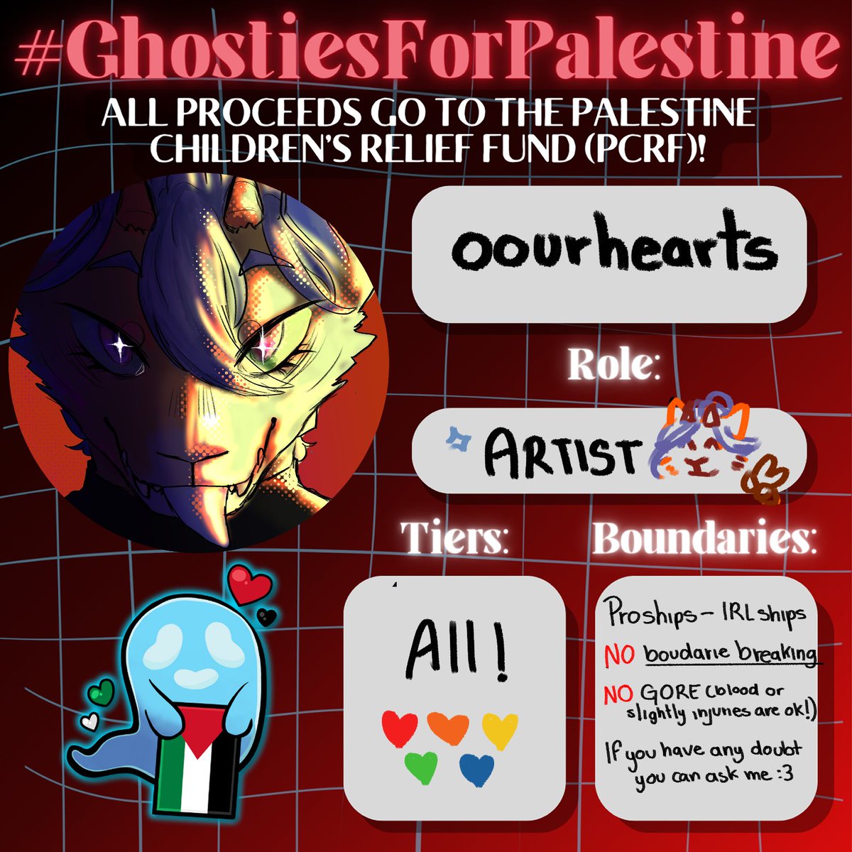 oourhearts's tweet photo. Hi!
I will be participating in #GhostiesForPalestine from 6/11 until 15/11 as an artist! I will be doing ALL tiers! You can request work from me or a bunch of other artists by donating to the Palestine Children's Relief Fund! Link is in reply! https://t.co/i5SIpDxQBB
