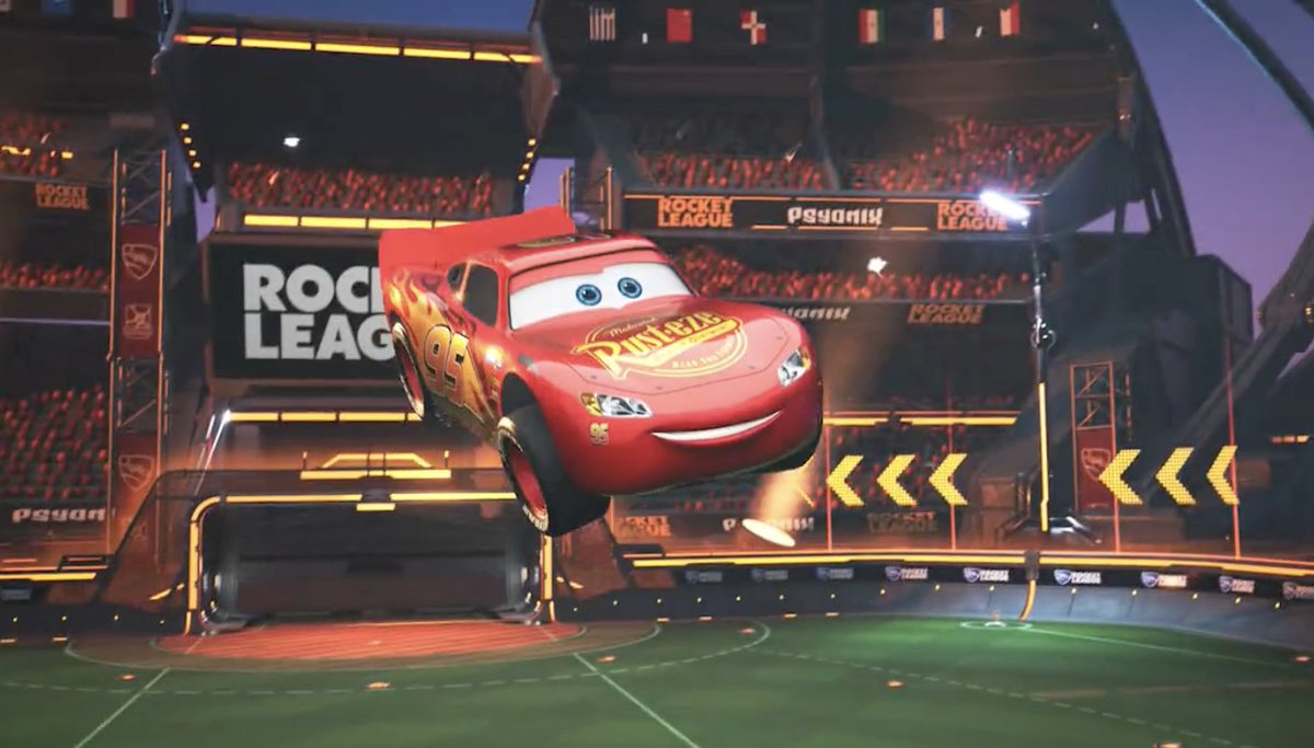RLRecon's tweet photo. Rocket League has announced a collaboration with Disney and Pixar's Cars to bring forward a Lightning McQueen car!

The car will have THREE decal variants and play on the Dominus hitbox!

Oh, and Life Is A Highway is a Player Anthem! https://t.co/vK53T71oxG