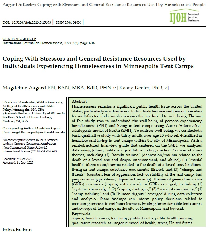 NEW ARTICLE! Available now as open access, online first at: ojs.lib.uwo.ca/index.php/ijoh… Magdeline Aagard and Kasey Keeler out of Minneapolis provide a humanized perspective of the expertise of people living in encampments :