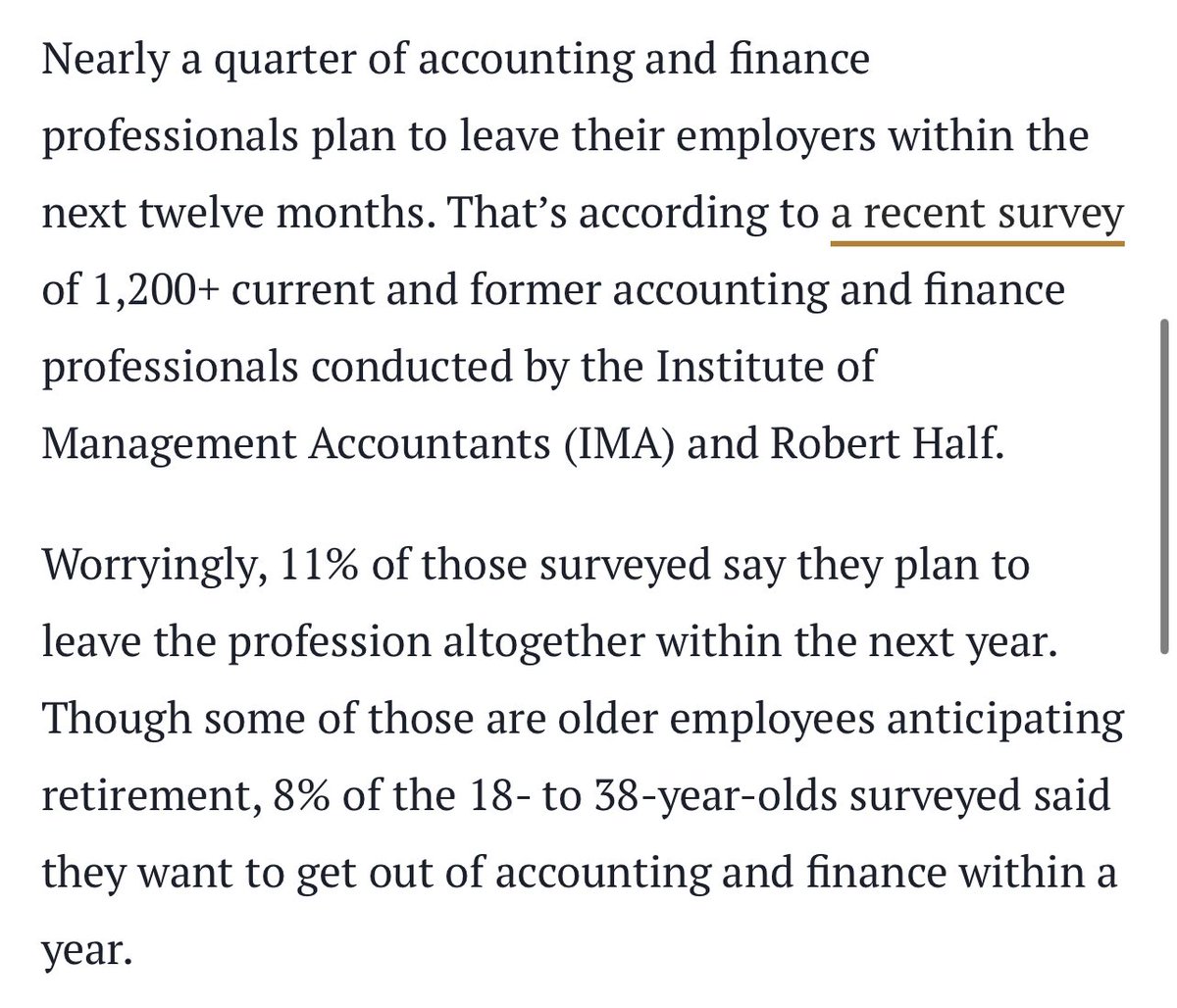 Ouch. More bad news for the #accounting pipeline. 

The article goes on to explain the work culture is driving young people out. 

I’ve dubbed this the “negative employee experience” and we need to fix it. 😕 #TaxTwitter #CasTwitter