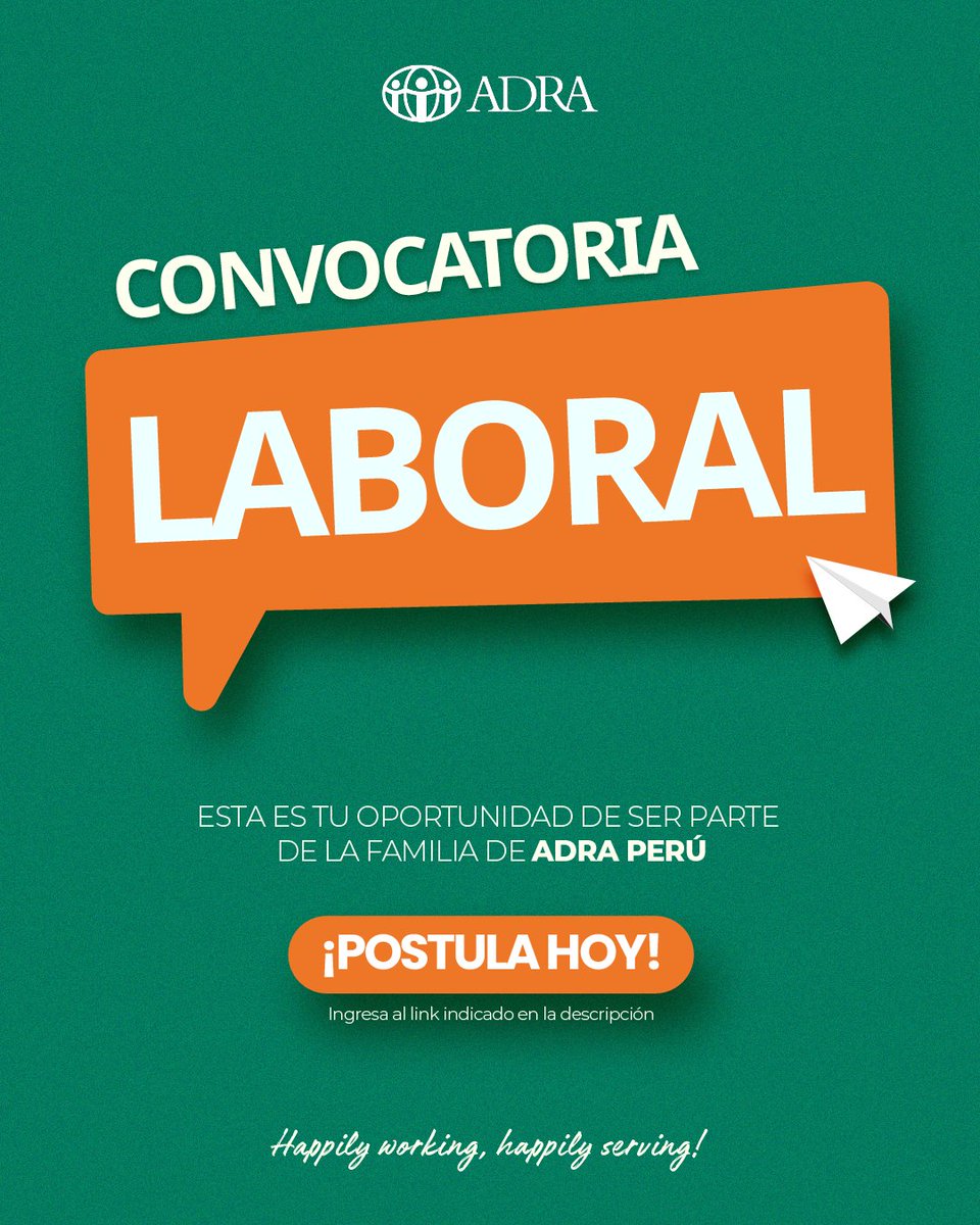 📢 ¡OPORTUNIDAD LABORAL! 📢
☑️ 01 Asesor de Servicios en Formación - Aguaytía

⏳ Fecha de inicio de convocatoria: 06/11/2023
⌛ Fecha de fin de convocatoria: 11/11/2023
📝 Fecha de ingreso: Noviembre 2023

📥 Link de Postulación a la Convocatoria:
convocatorias.adra.org.pe/#/convocatoria…